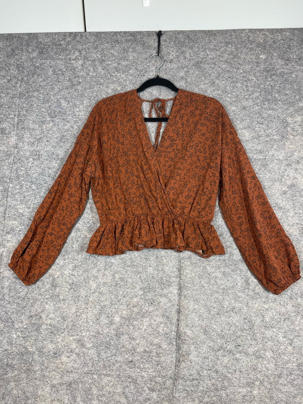 Final Touch Rust Brown Floral Blouse L Boho Cottagecore Peplum Prairie Top